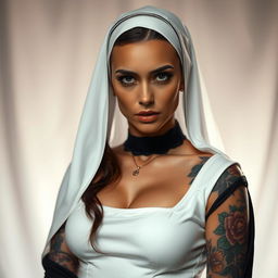 A sexy nun with intricate tattoos, wearing a classic black and white habit that is slightly form-fitting to accentuate her curves