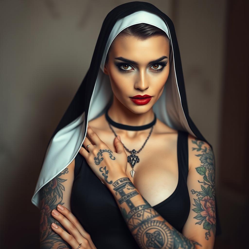 A sexy nun with intricate tattoos, wearing a classic black and white habit that is slightly form-fitting to accentuate her curves