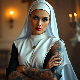 A sexy nun with intricate tattoos, wearing a classic black and white habit that is slightly form-fitting to accentuate her curves