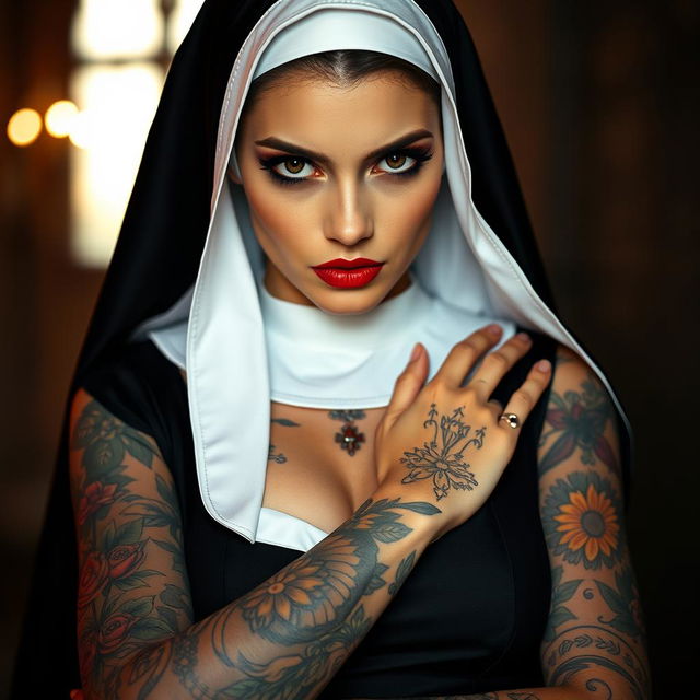 A sexy nun with intricate tattoos, wearing a classic black and white habit that is slightly form-fitting to accentuate her curves