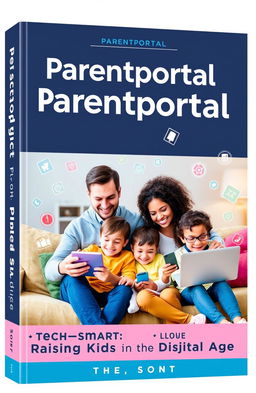 A visually engaging book cover showcasing a modern family utilizing technology for parenting in the digital age