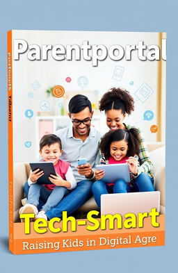 A visually engaging book cover showcasing a modern family utilizing technology for parenting in the digital age