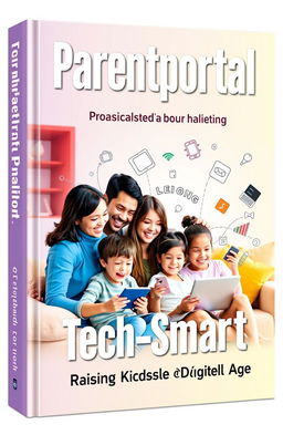 A visually engaging book cover showcasing a modern family utilizing technology for parenting in the digital age