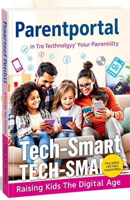 A visually engaging book cover showcasing a modern family utilizing technology for parenting in the digital age