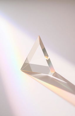 An artistic depiction showing a triangular prism in a soft, diffused light source, casting a beautiful spectrum of rainbow colors onto a smooth white surface