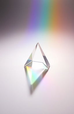 An artistic depiction showing a triangular prism in a soft, diffused light source, casting a beautiful spectrum of rainbow colors onto a smooth white surface