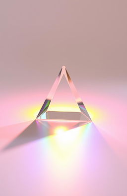 An artistic depiction showing a triangular prism in a soft, diffused light source, casting a beautiful spectrum of rainbow colors onto a smooth white surface