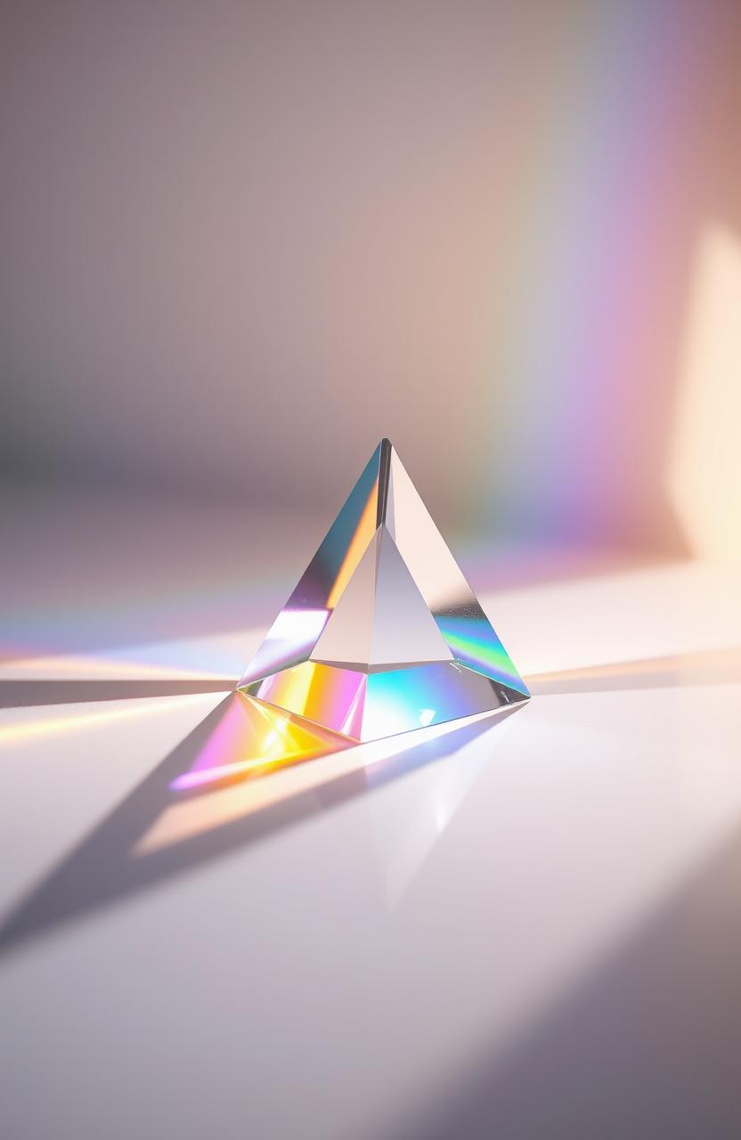 An artistic depiction showing a triangular prism in a soft, diffused light source, casting a beautiful spectrum of rainbow colors onto a smooth white surface