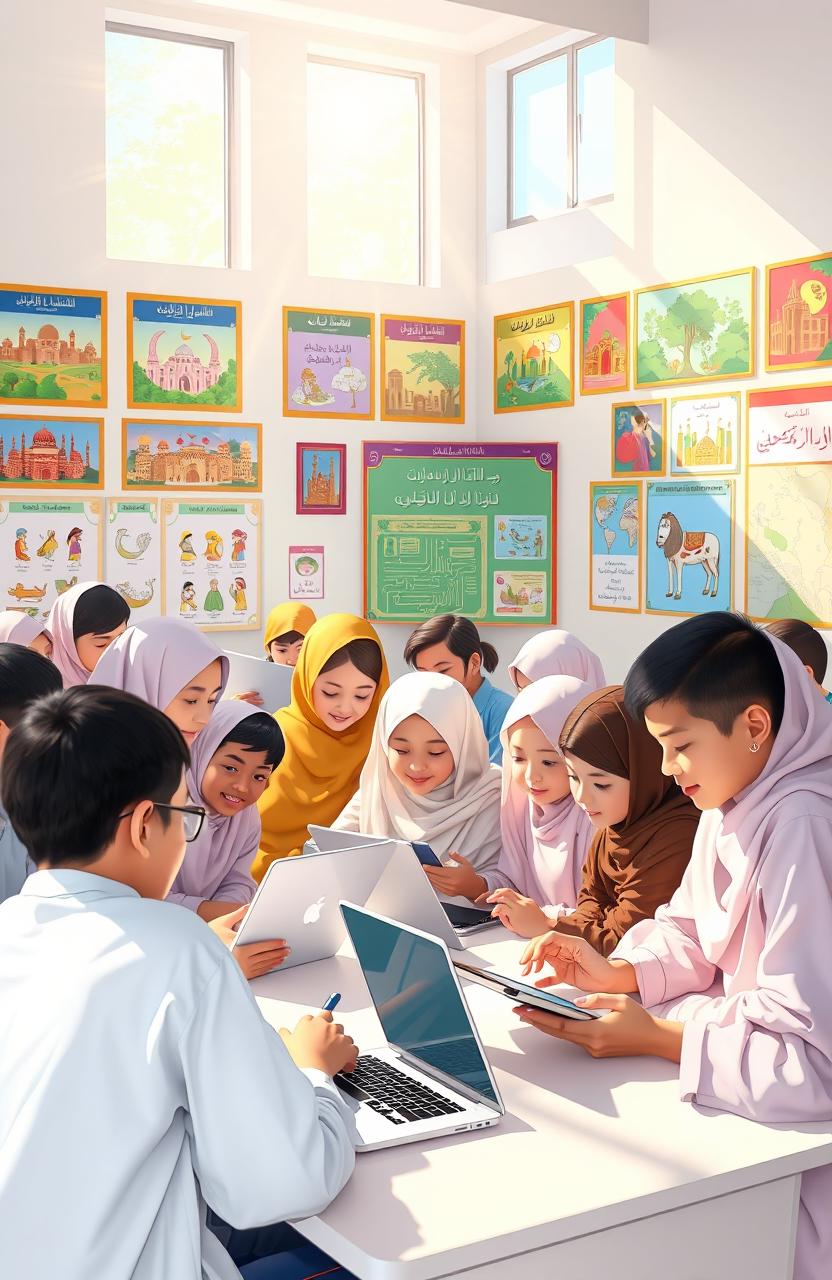 A serene and inspired scene depicting the bright future of the Islamic Education Foundation in the digital era