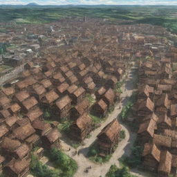 A detailed, vivid rendition of Shiganshina district from Attack on Titan. A town encircled by massive walls, colossal wooden gates, and towering houses reminiscent of medieval European architecture.