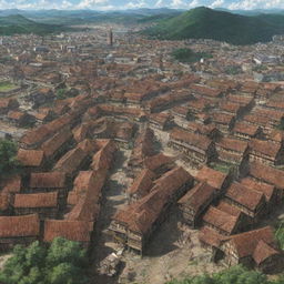 A detailed, vivid rendition of Shiganshina district from Attack on Titan. A town encircled by massive walls, colossal wooden gates, and towering houses reminiscent of medieval European architecture.