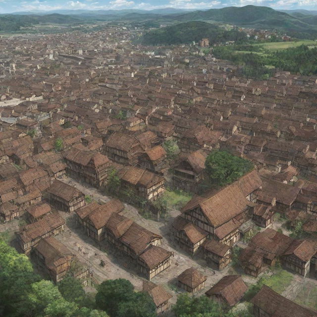 A detailed, vivid rendition of Shiganshina district from Attack on Titan. A town encircled by massive walls, colossal wooden gates, and towering houses reminiscent of medieval European architecture.