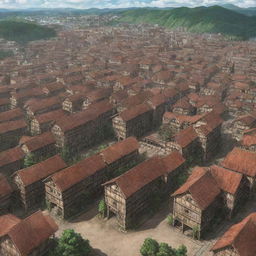 A detailed, vivid rendition of Shiganshina district from Attack on Titan. A town encircled by massive walls, colossal wooden gates, and towering houses reminiscent of medieval European architecture.