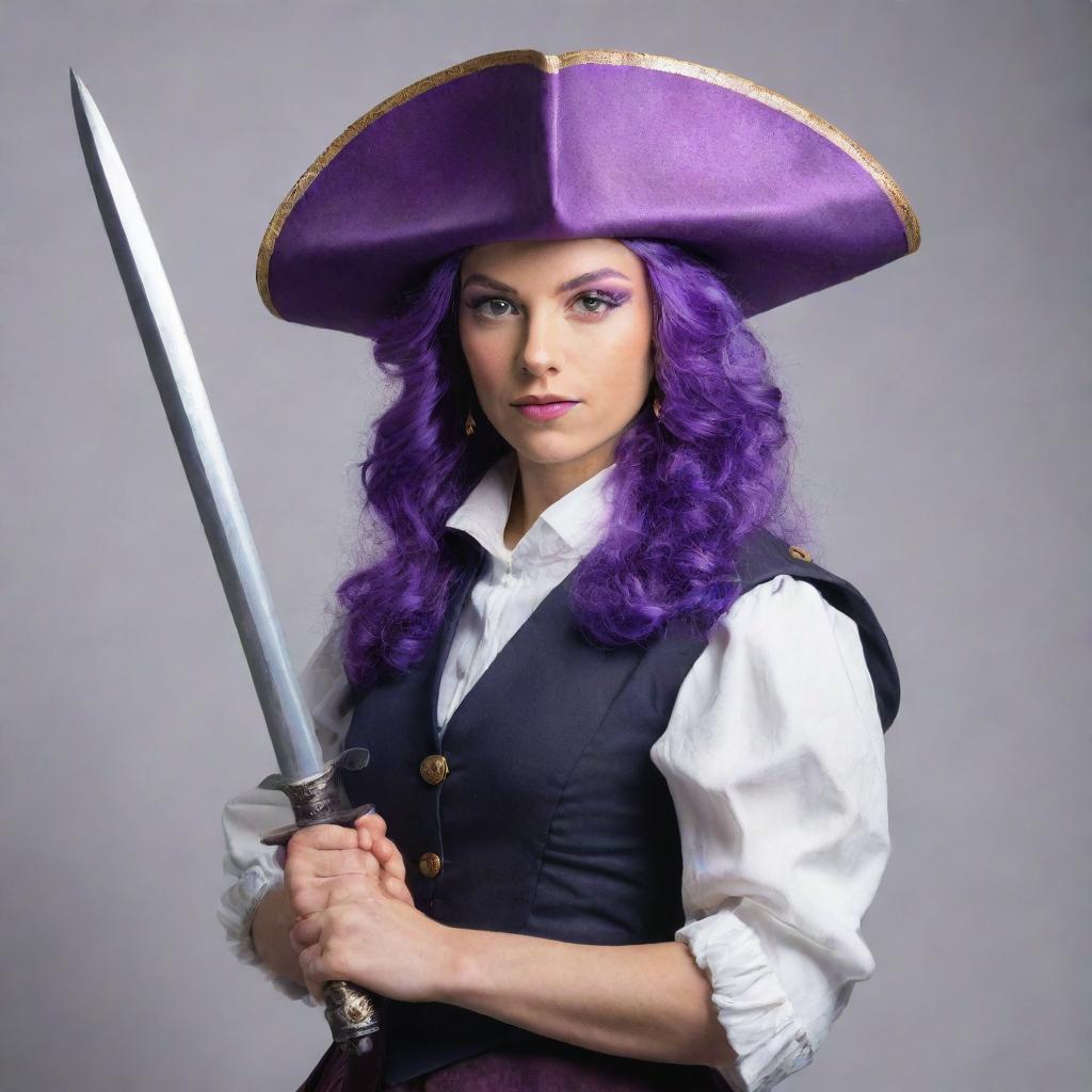 A bold and confident female musketeer with vibrant purple hair, wearing a traditional 17th-century Musketeer hat, holding a shimmering rapier.