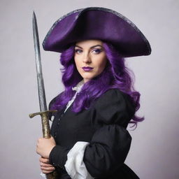 A bold and confident female musketeer with vibrant purple hair, wearing a traditional 17th-century Musketeer hat, holding a shimmering rapier.