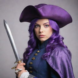 A bold and confident female musketeer with vibrant purple hair, wearing a traditional 17th-century Musketeer hat, holding a shimmering rapier.