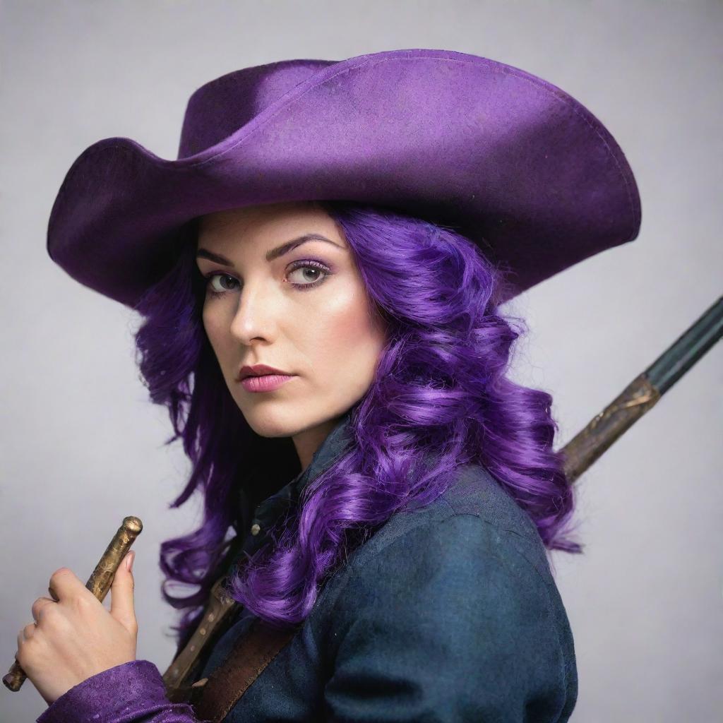 A bold and confident female musketeer with vibrant purple hair, wearing a traditional 17th-century Musketeer hat, holding a shimmering rapier.