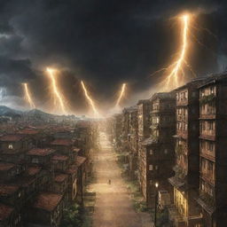 The previously created scene of Shiganshina district from Attack on Titan now adorned by a sudden storm. Brilliant yellow lightning illuminates the colossal walls and towering houses.