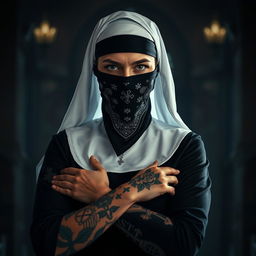 A striking image of a nun wearing a black bandana mask, which covers the lower half of her face, adding an air of mystery