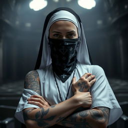 A striking image of a nun wearing a black bandana mask, which covers the lower half of her face, adding an air of mystery