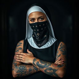 A striking image of a nun wearing a black bandana mask, which covers the lower half of her face, adding an air of mystery