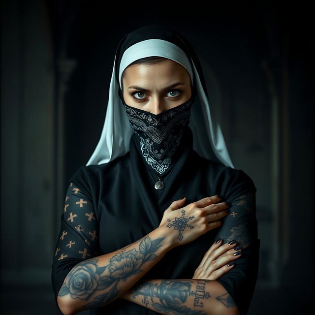 A striking image of a nun wearing a black bandana mask, which covers the lower half of her face, adding an air of mystery