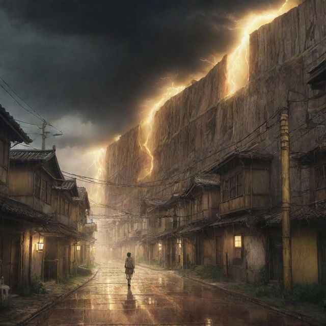 The previously created scene of Shiganshina district from Attack on Titan now adorned by a sudden storm. Brilliant yellow lightning illuminates the colossal walls and towering houses.