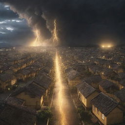 The previously created scene of Shiganshina district from Attack on Titan now adorned by a sudden storm. Brilliant yellow lightning illuminates the colossal walls and towering houses.