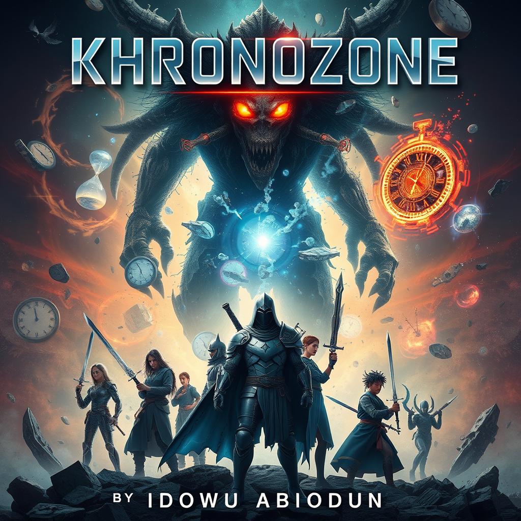 A gripping sci-fi drama book cover for 'Khronozone' by Idowu Abiodun, showcasing a fragmented realm where time itself is shattered