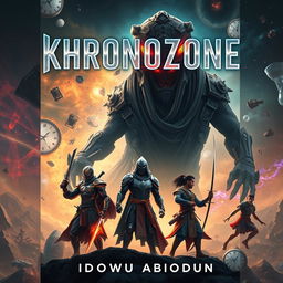 A gripping sci-fi drama book cover for 'Khronozone' by Idowu Abiodun, showcasing a fragmented realm where time itself is shattered