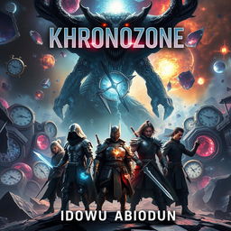 A gripping sci-fi drama book cover for 'Khronozone' by Idowu Abiodun, showcasing a fragmented realm where time itself is shattered