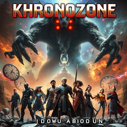 A gripping sci-fi drama book cover for 'Khronozone' by Idowu Abiodun, showcasing a fragmented realm where time itself is shattered