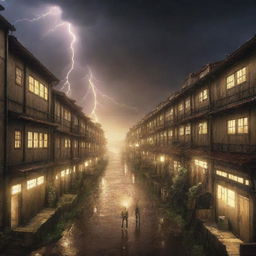 The previously created scene of Shiganshina district from Attack on Titan now adorned by a sudden storm. Brilliant yellow lightning illuminates the colossal walls and towering houses.