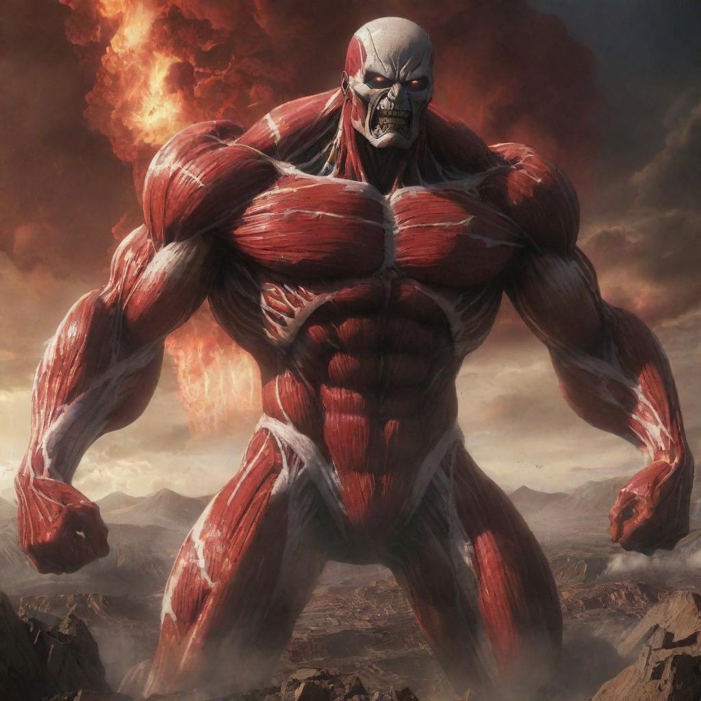 Inclusively revise the scene to detail the transformation of the Colossal Titan. The landscape is rocked by a massive explosion accompanied by a blinding burst of light, signaling the Titan's dramatic appearance.