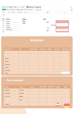 Create an image of a visually appealing Excel spreadsheet designed for a bakery management program