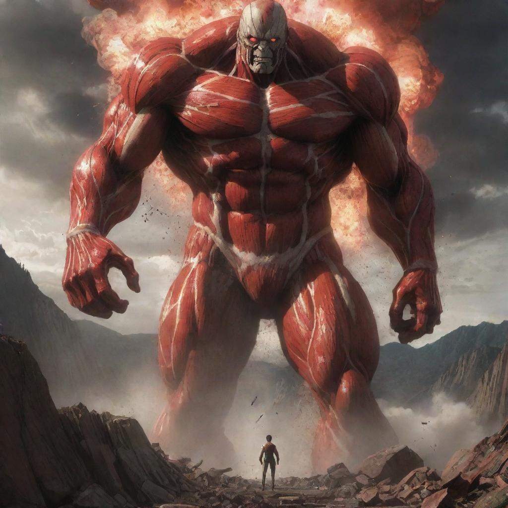 Inclusively revise the scene to detail the transformation of the Colossal Titan. The landscape is rocked by a massive explosion accompanied by a blinding burst of light, signaling the Titan's dramatic appearance.