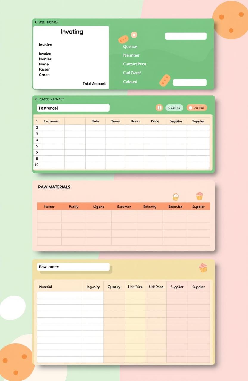 Create an image of a visually appealing Excel spreadsheet designed for a bakery management program