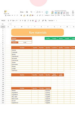 Create an image of a visually appealing Excel spreadsheet designed for a bakery management program