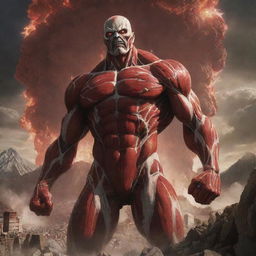 Inclusively revise the scene to detail the transformation of the Colossal Titan. The landscape is rocked by a massive explosion accompanied by a blinding burst of light, signaling the Titan's dramatic appearance.