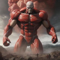 Inclusively revise the scene to detail the transformation of the Colossal Titan. The landscape is rocked by a massive explosion accompanied by a blinding burst of light, signaling the Titan's dramatic appearance.