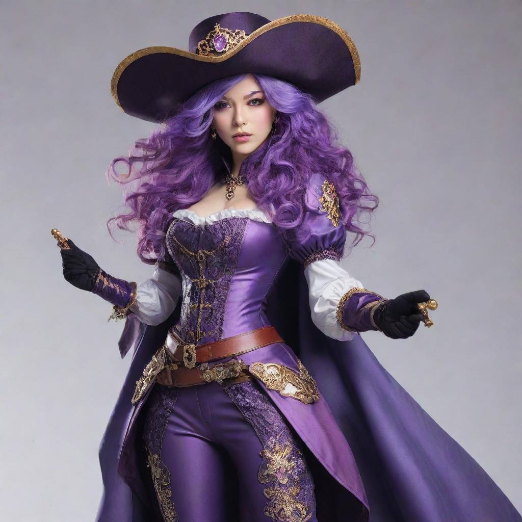 An anime-styled, female musketeer with flowing purple hair, clad in a dazzling, intricate musketeer outfit. She confidently wields a ornately adorned rapier in a striking pose.