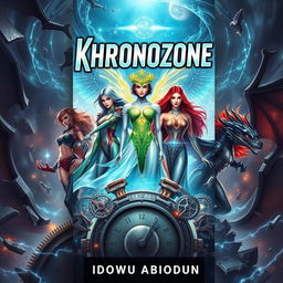 A captivating sci-fi drama cover for a book titled 'Khronozone' by Idowu Abiodun, set in a realm where time is fragmented