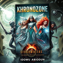 A captivating sci-fi drama cover for a book titled 'Khronozone' by Idowu Abiodun, set in a realm where time is fragmented