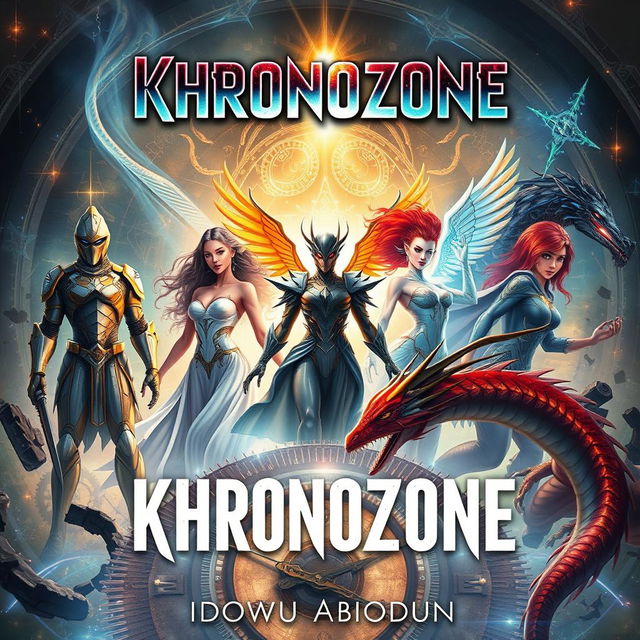 A captivating sci-fi drama cover for a book titled 'Khronozone' by Idowu Abiodun, set in a realm where time is fragmented