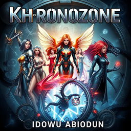 A captivating sci-fi drama cover for a book titled 'Khronozone' by Idowu Abiodun, set in a realm where time is fragmented