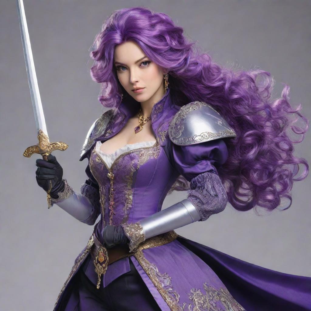 An anime-styled, female musketeer with flowing purple hair, clad in a dazzling, intricate musketeer outfit. She confidently wields a ornately adorned rapier in a striking pose.