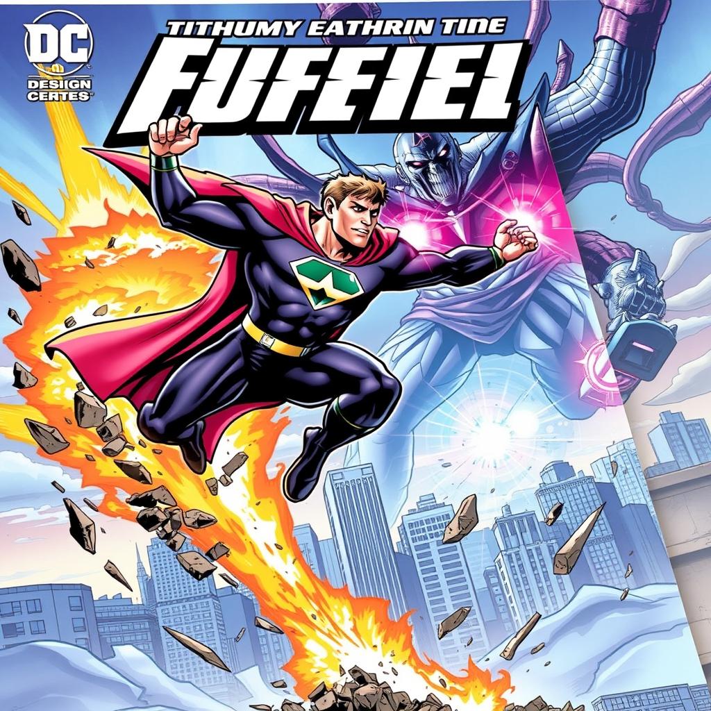 A thrilling comic book cover featuring a superhero in vibrant, dynamic action