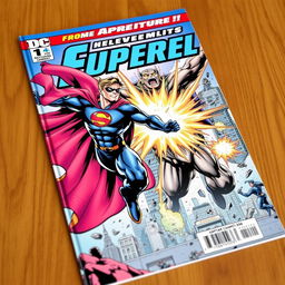 A thrilling comic book cover featuring a superhero in vibrant, dynamic action