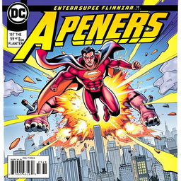 A thrilling comic book cover featuring a superhero in vibrant, dynamic action