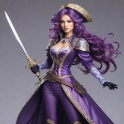 An anime-styled, female musketeer with flowing purple hair, clad in a dazzling, intricate musketeer outfit. She confidently wields a ornately adorned rapier in a striking pose.